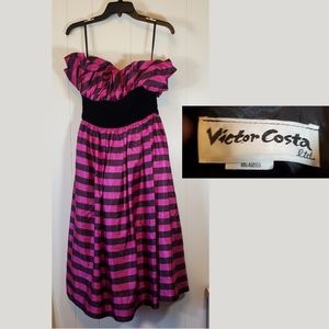 Vintage Victor Costa Strapless Ruffle Bust Purple Striped Midi Party Dress 14
